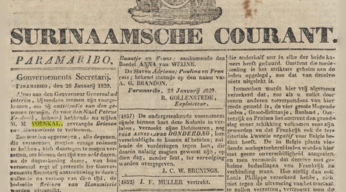 brieven van manumissie worden verleend op 11 februari 1839 en op dat moment krijgt Kwakoe officieel een achternaam; voortaan heet hij Petrus Frederik Bijderhand. 