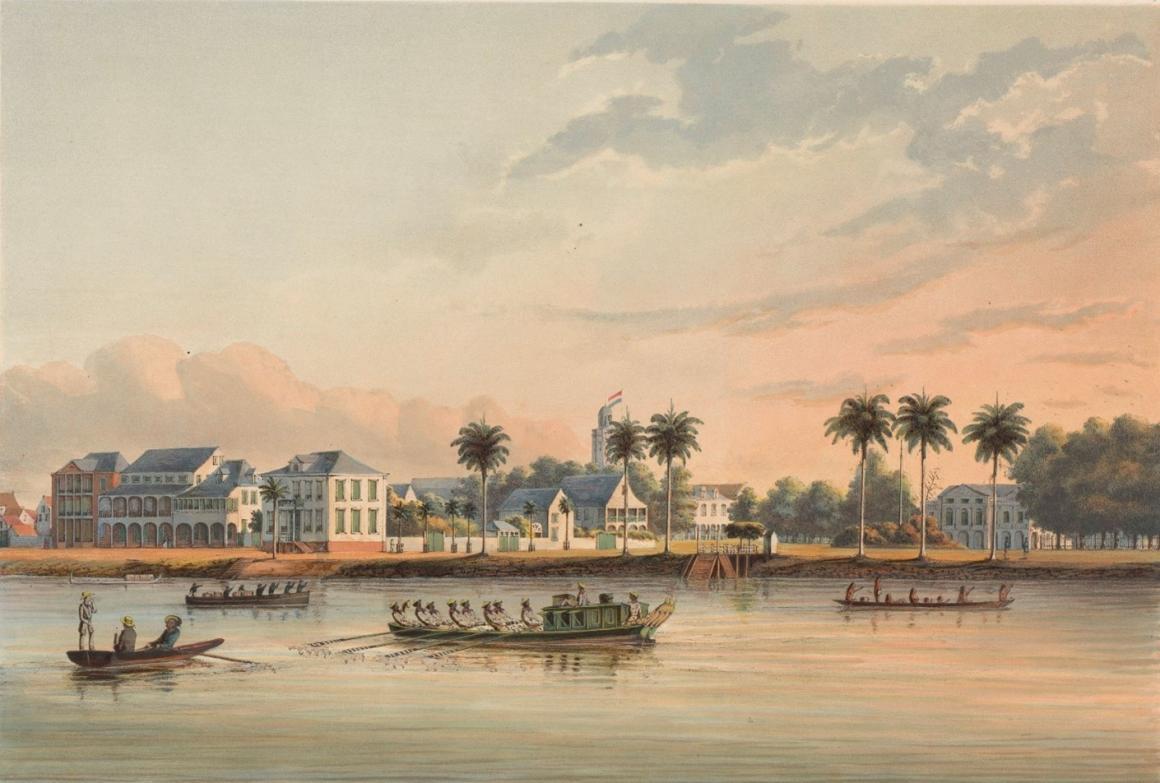 Waterkant met Gouverneurshuis te Paramaribo, jonkheer Jacob Eduard van Heemskerck van Beest, naar Gerard Voorduin, 1860 – 1862, Rijksmuseum 