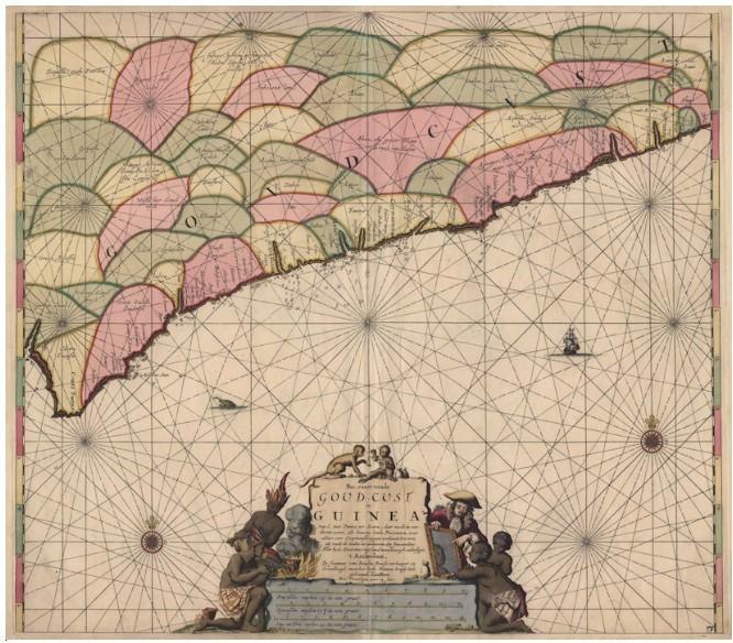 Zeekaart van een deel van de kust van Guinea en de Goudkust van Afrika, ca 1695. Zeeuws Archief, Collectie Beeld en Geluid, inv.nr 592.