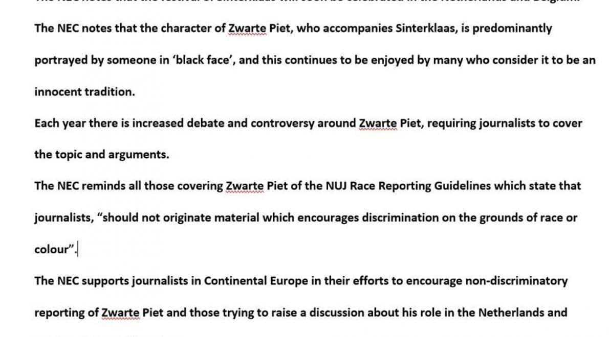 Britse journalistenunie roept Nederlandse journalisten op tot objectiviteit in zwarte Pietverslaggeving