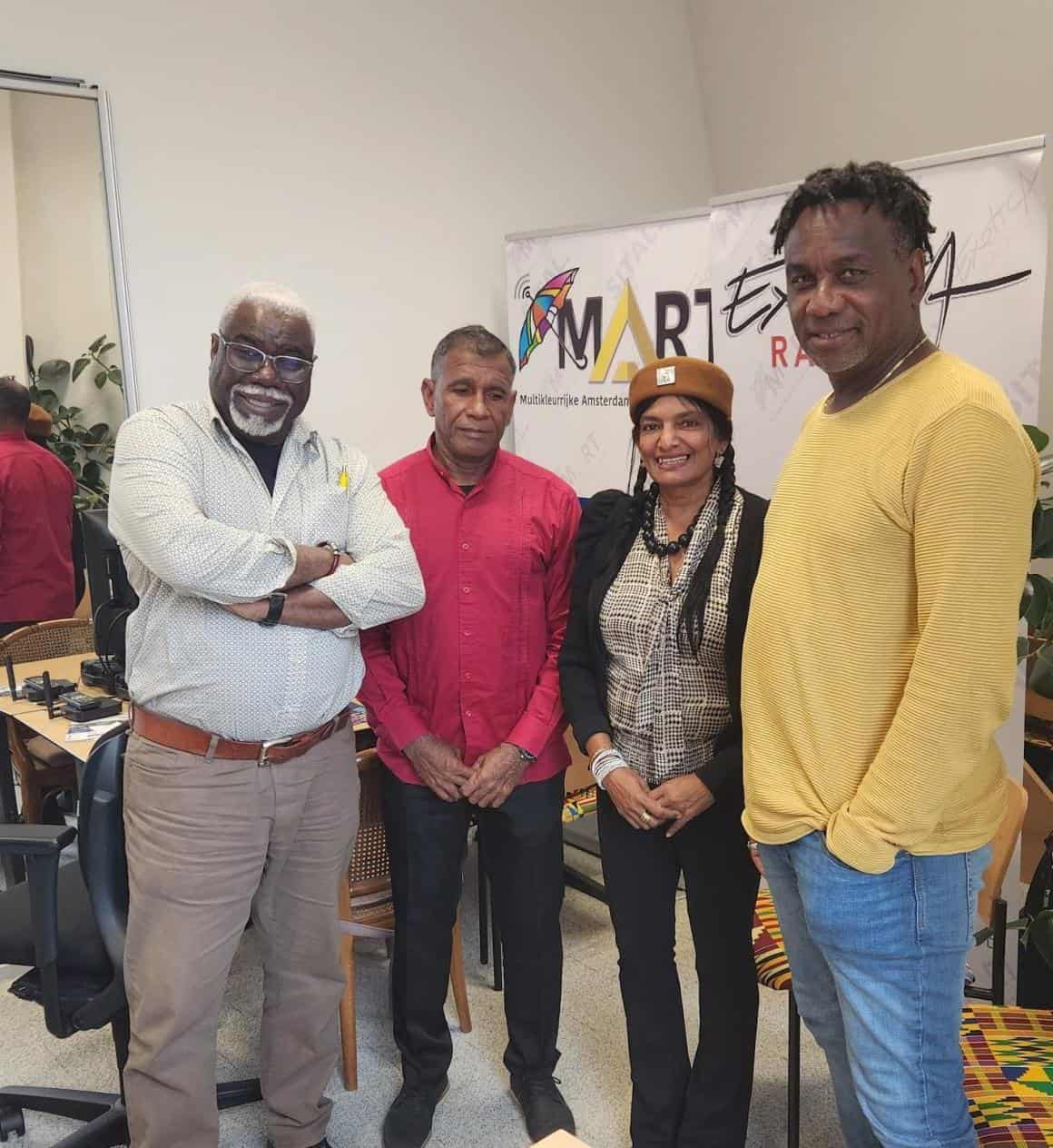 Norman van Gom Mart Radio, James Finies, Davika Bissessar Shaw en Marvin Hokstam  