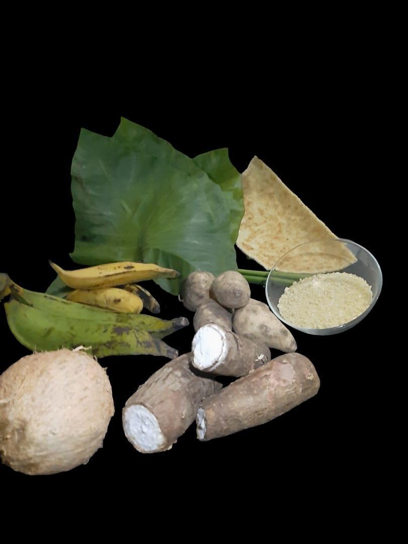 Cassave, zoete patat, droge cocos, groene banaan, rijpe banaan, tayerblad, cassave brood, kwak